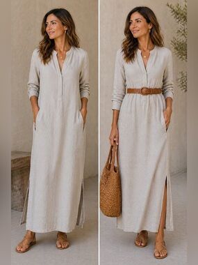 Vince Linen Blend Maxi Dress Neutral Long Sleeve Pockets Size 6